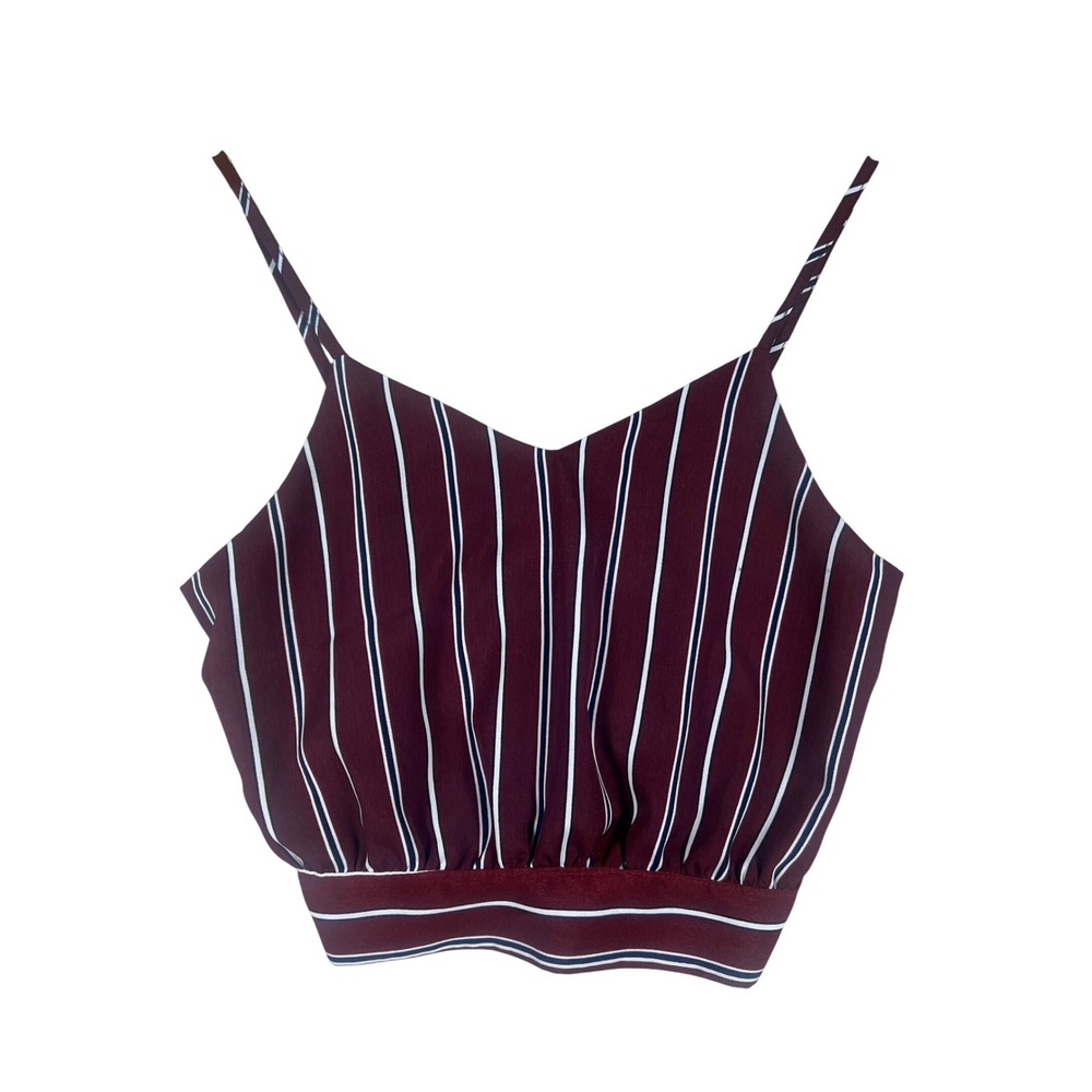 BOHO Striped Cami Top Tie Back Medium V-Neck Sleeveless Burgundy Festival